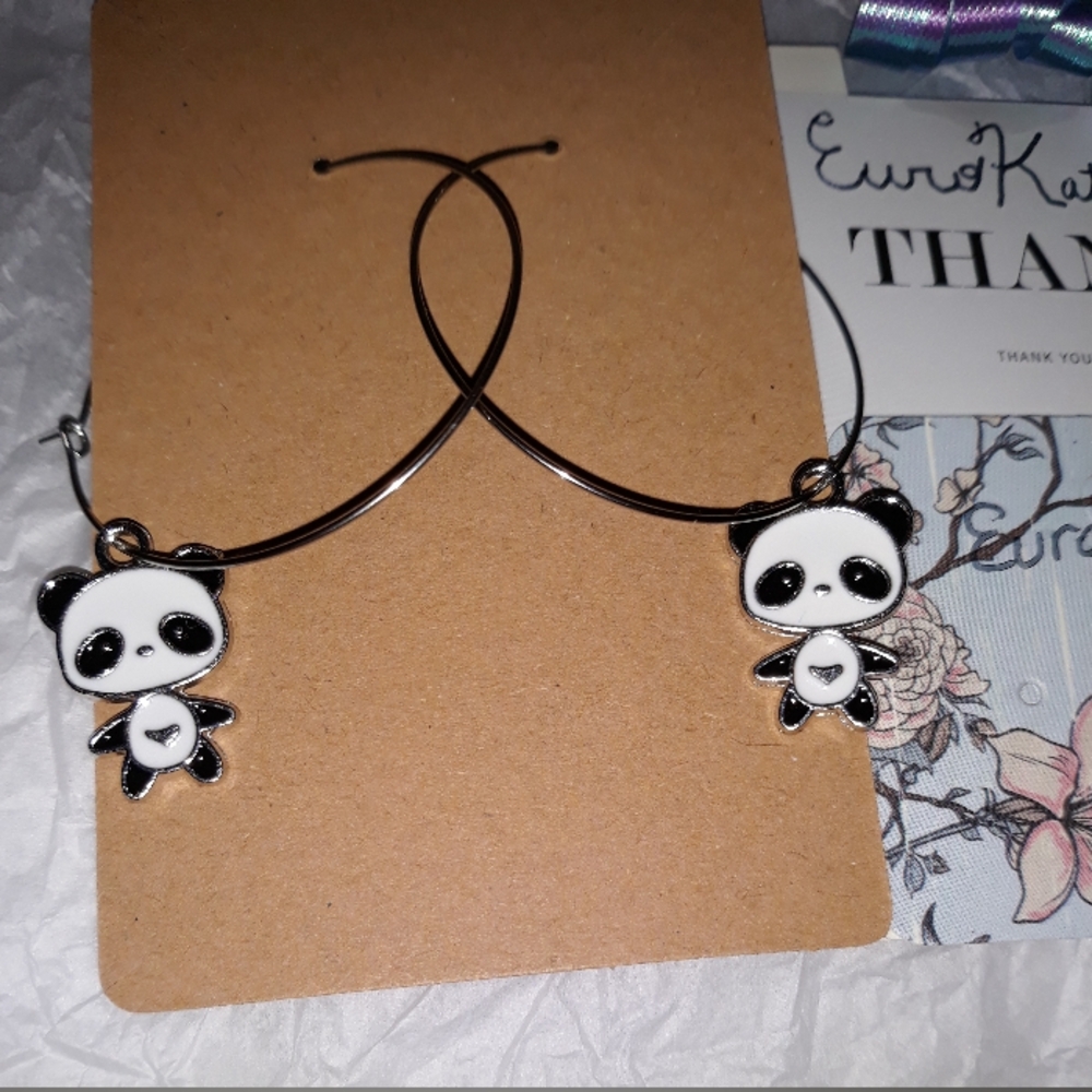 Minimalist Silver Medium Hoop Earrings black white enamel Panda bear Charm NEW …